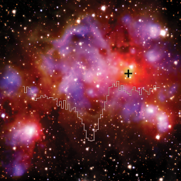 OD absorption spectrum over a three-color image of W49A with a plus sign on spectrum position