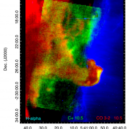 The Horsehead Nebula is shown in red and green against the surrounding cold molecular cloud (blue)