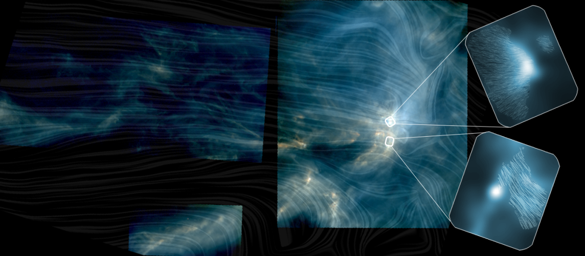 Planck magnetic streamlines on a Herschel image of Rho Ophiuchi with insets from SOFIA/HAWC+