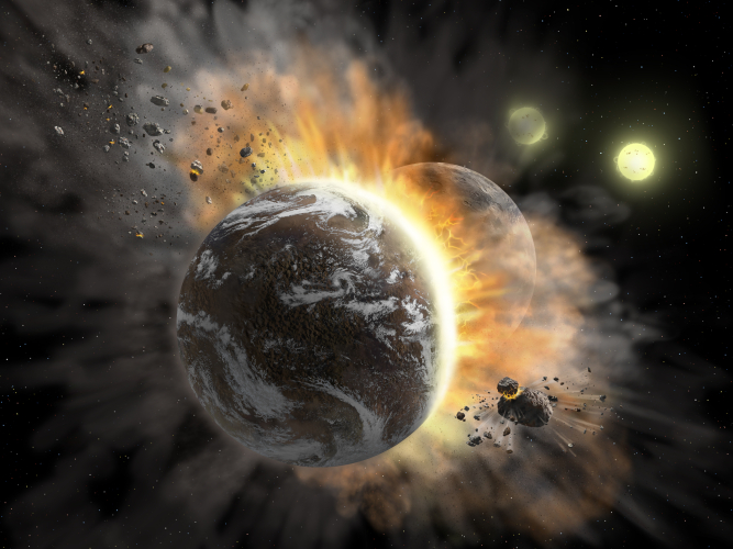 Artist’s concept illustrating a catastrophic collision between two rocky exoplanets