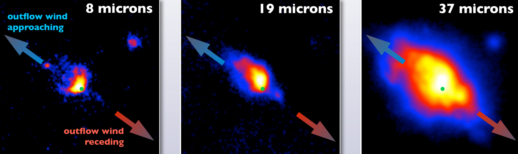 The massive forming star Cepheus A shown at three infrared wavelengths of 8, 19 and 37 microns.