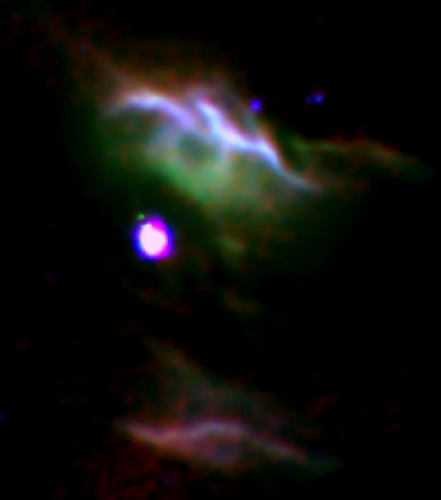 Combination of three color images of NGC 7023 from SOFIA (red & green) and Spitzer (blue) show different populations of PAH molecules. 