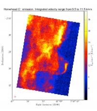 Integrated [C II] line intensity over velocity range 9.5 – 11.5 km/s